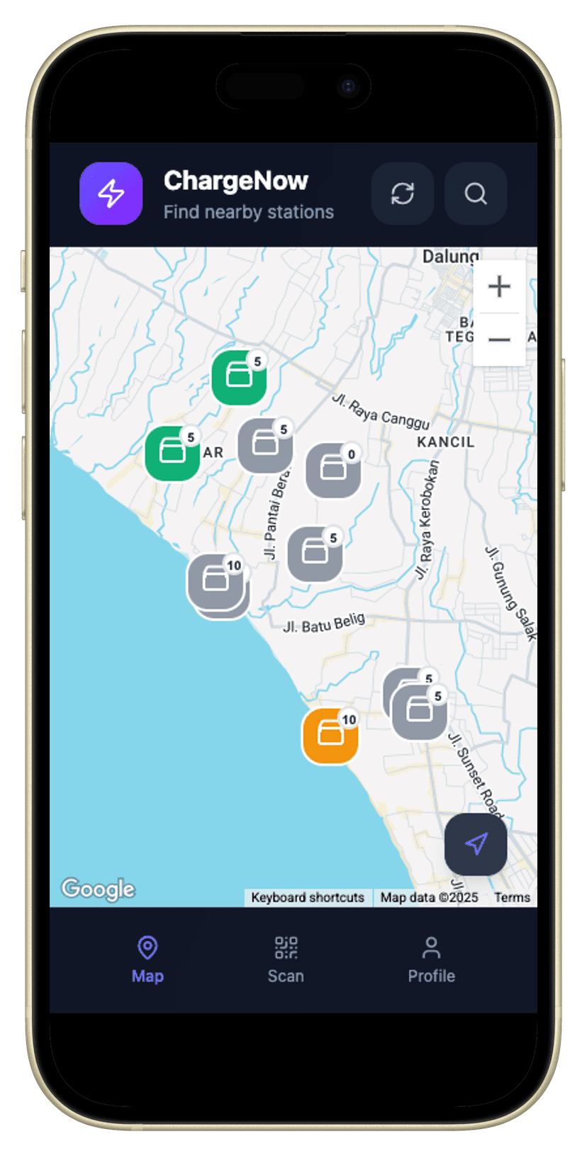 ChargeNow app showing active rental with return QR code
